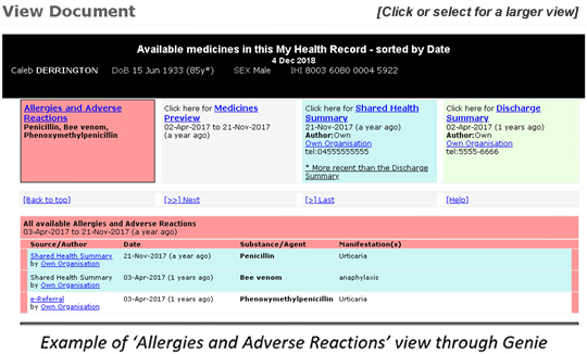Example of ‘Allergies and Adverse Reactions’ view through Genie